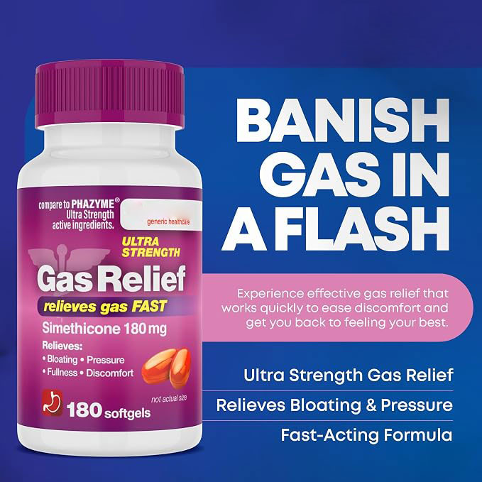 Simethicone 180 mg Gas Relief Softgels, Ultra-Strength Formula for Fast Relief from Gas, Bloating & Discomfort