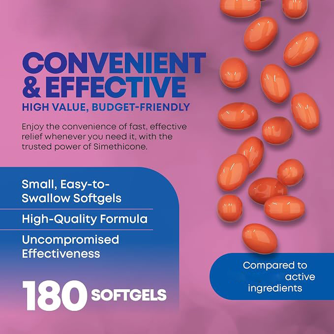 Simethicone 180 mg Gas Relief Softgels, Ultra-Strength Formula for Fast Relief from Gas, Bloating & Discomfort