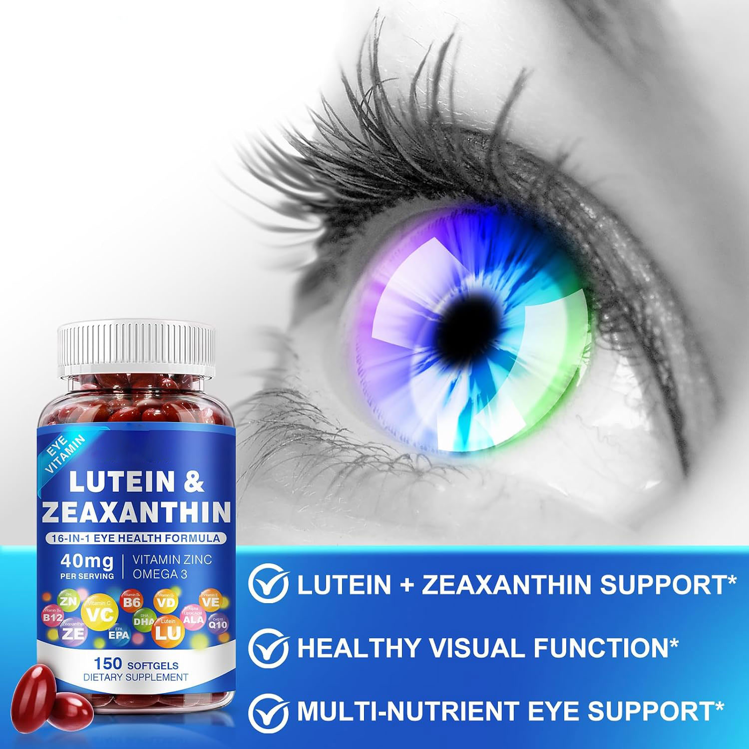 Lutein and Zeaxanthin Supplement - AREDS 2 Plus+ Eye Vitamins 40 mg Lutein & 8 mg Zeaxanthin