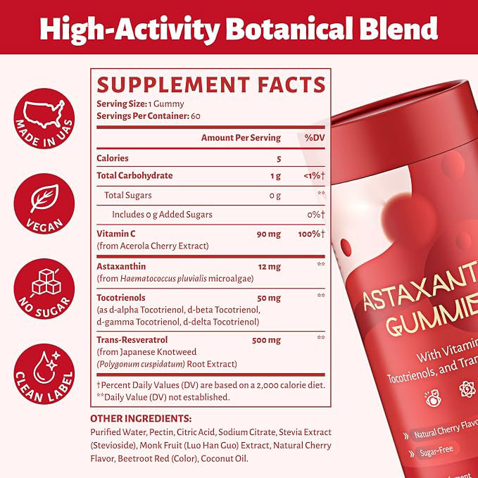 Astaxanthin Gummies | Sugar-Free Vegan Antioxidant Support with Vitamin C, Resveratrol & Tocotrienols
