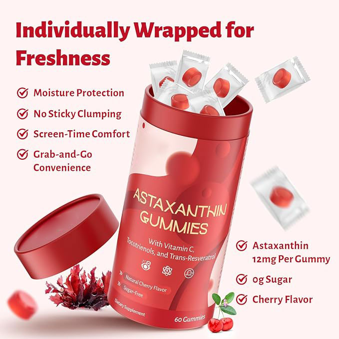 Astaxanthin Gummies | Sugar-Free Vegan Antioxidant Support with Vitamin C, Resveratrol & Tocotrienols