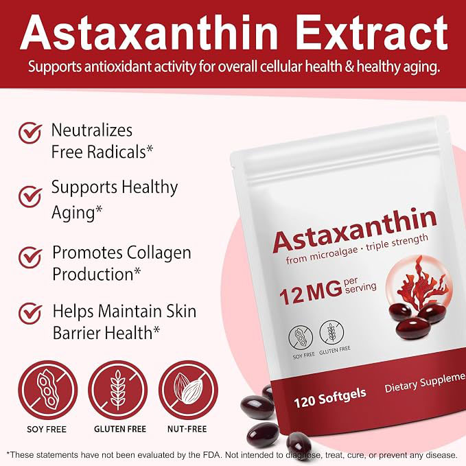 Advanced Astaxanthin 12 mg | Antioxidant Supplement for Eye, Joint & Skin Health | Microalgae-Sourced | 4-Month Supply