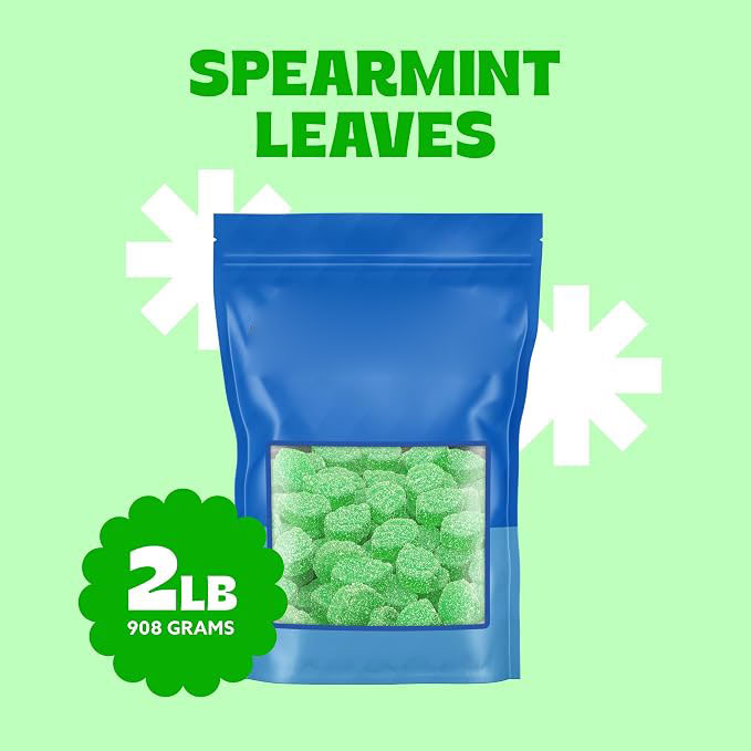 Jelly Spearmint Leaves Candy, Sugar Coated Natural Spearmint Flavor, Soft & Chewy Texture, Perfect for Snacking, Sharing, & Desserts, Packaged Fresh in Resealable Pouch