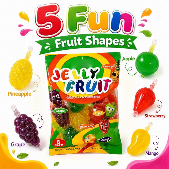 Fruit Jelly Snacks | Trendy Fruit-Shaped Jelly Treats | Strawberry, Mango, Apple, Pineapple & Grape Flavors
