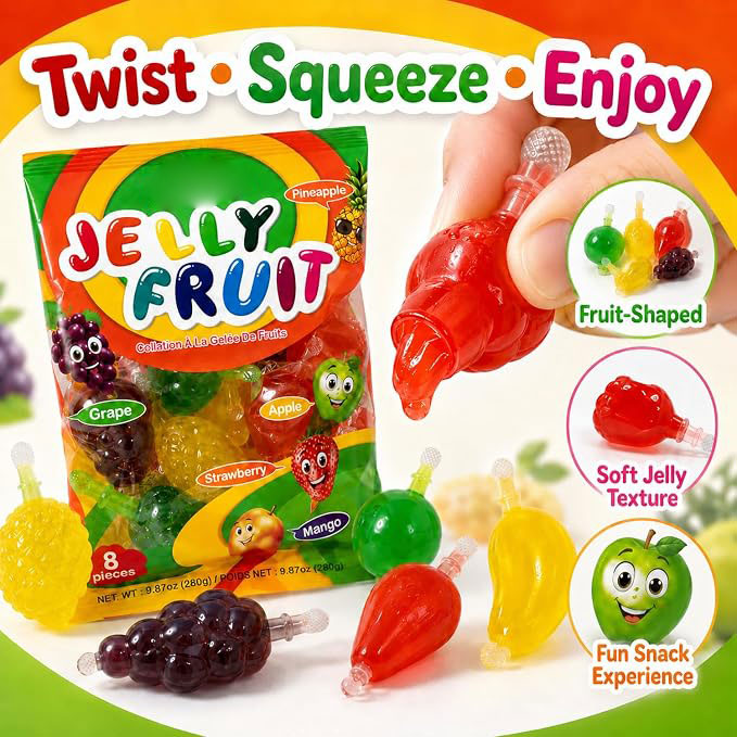 Fruit Jelly Snacks | Trendy Fruit-Shaped Jelly Treats | Strawberry, Mango, Apple, Pineapple & Grape Flavors
