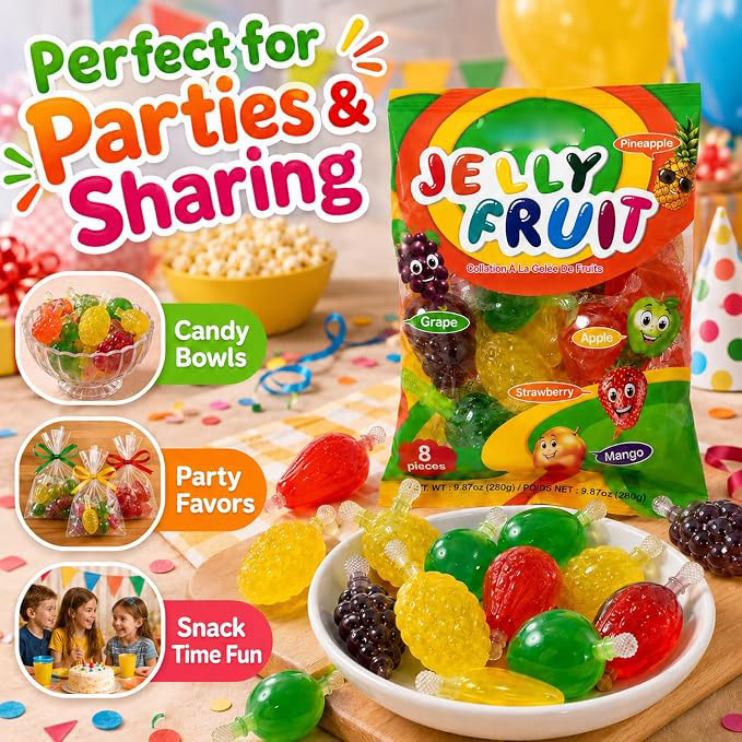 Fruit Jelly Snacks | Trendy Fruit-Shaped Jelly Treats | Strawberry, Mango, Apple, Pineapple & Grape Flavors