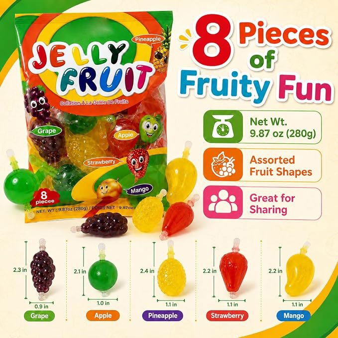 Fruit Jelly Snacks | Trendy Fruit-Shaped Jelly Treats | Strawberry, Mango, Apple, Pineapple & Grape Flavors