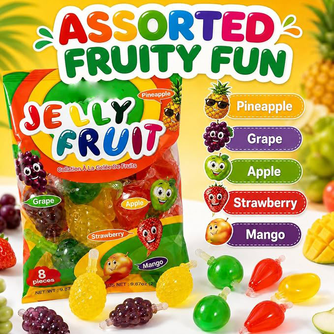 Fruit Jelly Snacks | Trendy Fruit-Shaped Jelly Treats | Strawberry, Mango, Apple, Pineapple & Grape Flavors