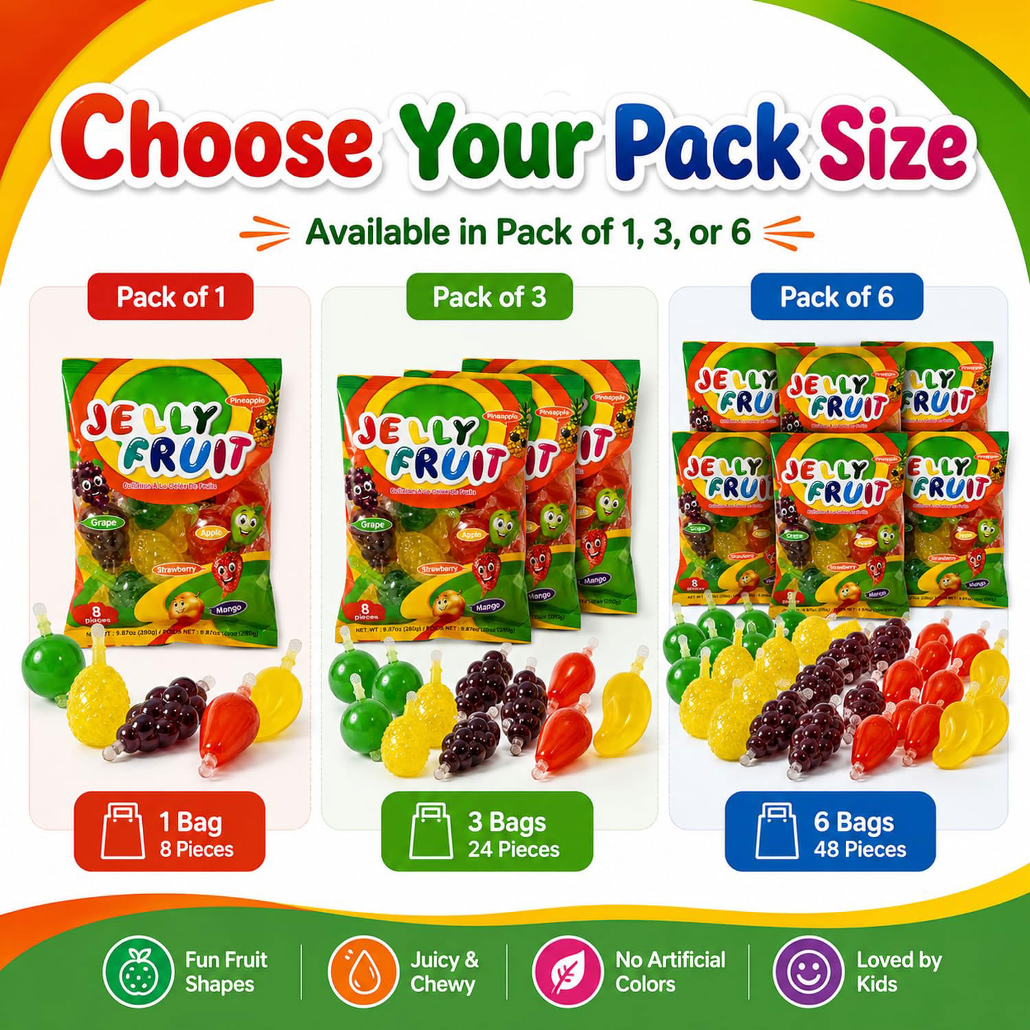 Fruit Jelly Snacks | Trendy Fruit-Shaped Jelly Treats | Strawberry, Mango, Apple, Pineapple & Grape Flavors
