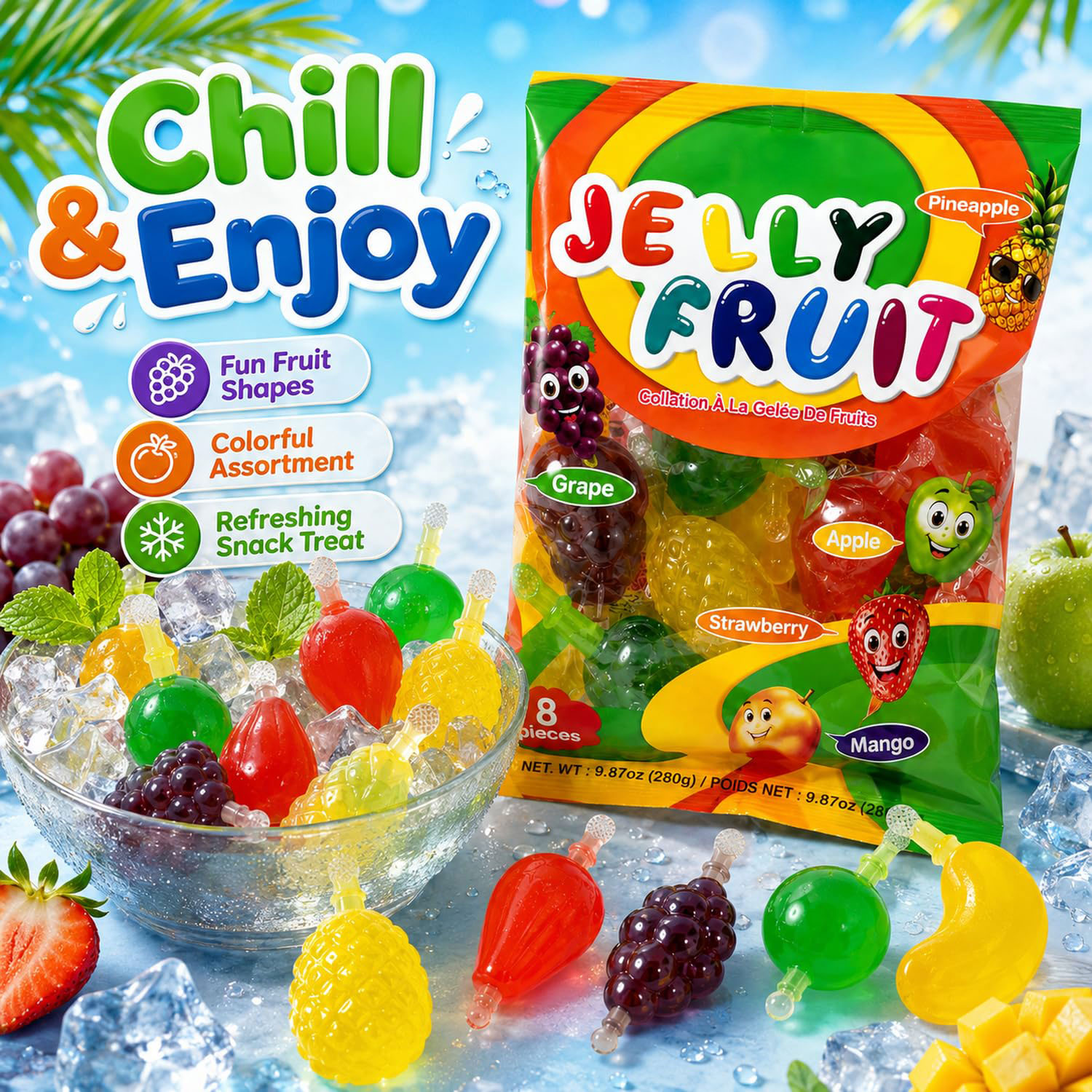 Fruit Jelly Snacks | Trendy Fruit-Shaped Jelly Treats | Strawberry, Mango, Apple, Pineapple & Grape Flavors