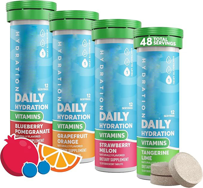 Hydration Electrolyte Tablets with Vitamins, Mixed Fruit Variety Pack, 4 Tubes / 48 Servings, Gluten-Free & Vegan