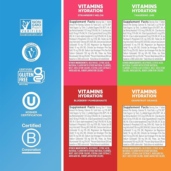 Hydration Electrolyte Tablets with Vitamins, Mixed Fruit Variety Pack, 4 Tubes / 48 Servings, Gluten-Free & Vegan