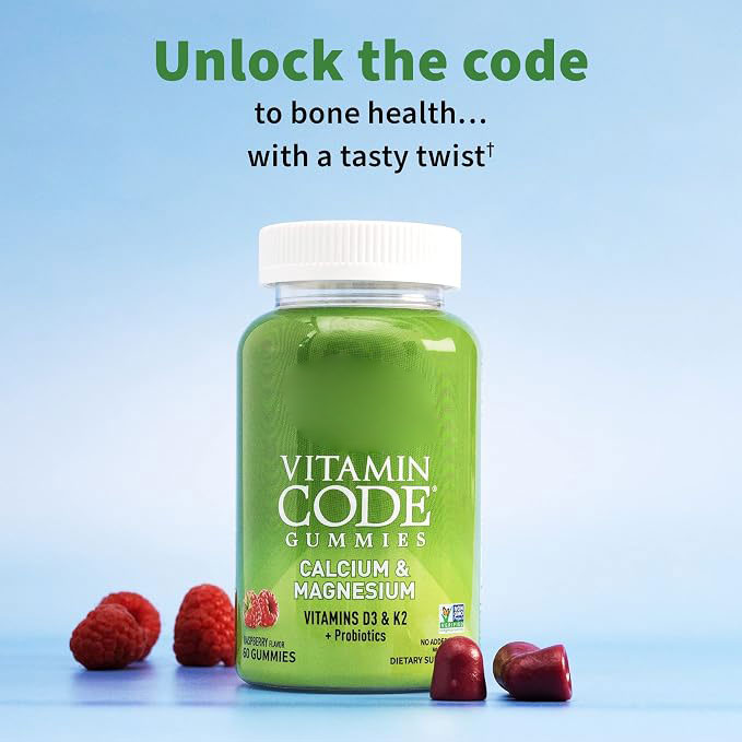 Vitamin Code Calcium & Magnesium Gummies | Bone Support with Prebiotics & Probiotics | No Added Sugar, Non-GMO, Raspberry Flavor