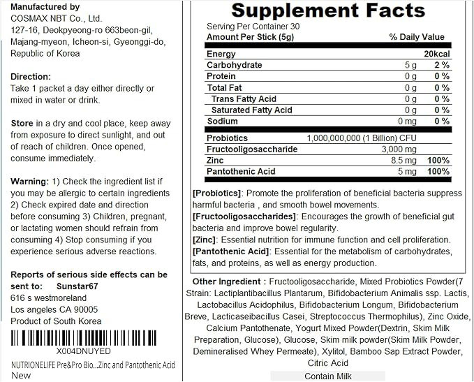 Korean Probiotic Powder | 1 Billion CFU Multi-Strain Probiotic Blend | Digestive Health Support with Zinc & Pantothenic Acid