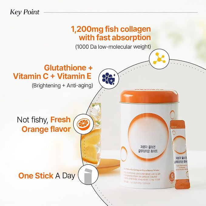 Collagen & Glutathione Powder Sticks | Korean Low-Molecular Formula with Fish Collagen Peptides, Vitamins C & E | Orange Flavor