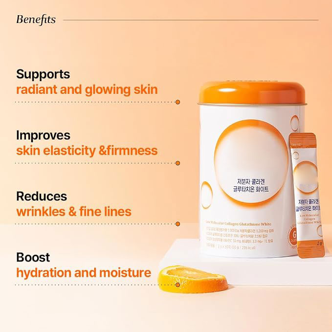 Collagen & Glutathione Powder Sticks | Korean Low-Molecular Formula with Fish Collagen Peptides, Vitamins C & E | Orange Flavor