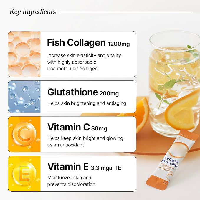 Collagen & Glutathione Powder Sticks | Korean Low-Molecular Formula with Fish Collagen Peptides, Vitamins C & E | Orange Flavor
