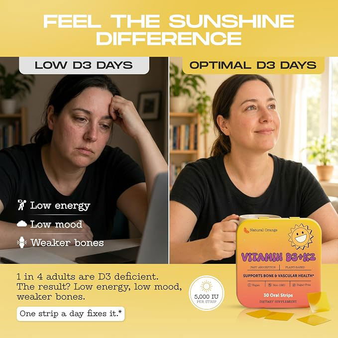 Vitamin D3 + K2 Oral Strips | Fast-Absorbing Plant-Based Formula | Supports Bone & Cardiovascular Health | Non-GMO, Sugar-Free