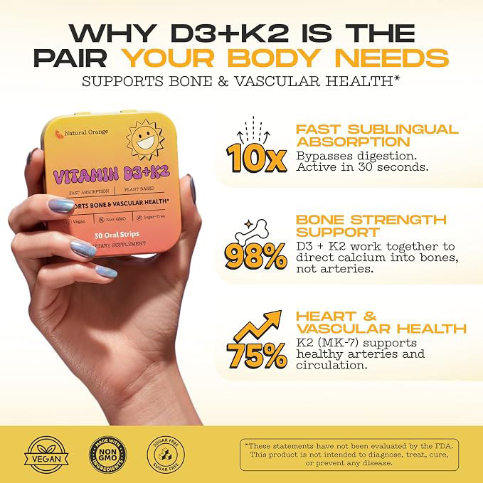 Vitamin D3 + K2 Oral Strips | Fast-Absorbing Plant-Based Formula | Supports Bone & Cardiovascular Health | Non-GMO, Sugar-Free