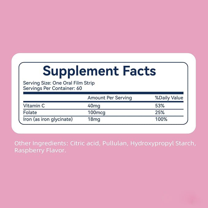 Fast-Dissolving Iron Oral Film Strips | No Water Needed | Supports Red Blood Cell Production, Energy & Daily Wellness | Gluten-Free, Lactose-Free, Non-GMO | Raspberry Flavor