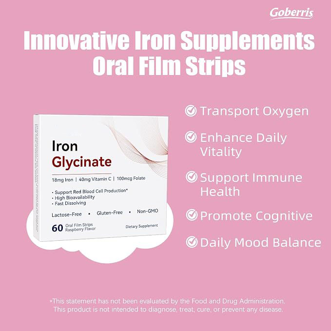 Fast-Dissolving Iron Oral Film Strips | No Water Needed | Supports Red Blood Cell Production, Energy & Daily Wellness | Gluten-Free, Lactose-Free, Non-GMO | Raspberry Flavor
