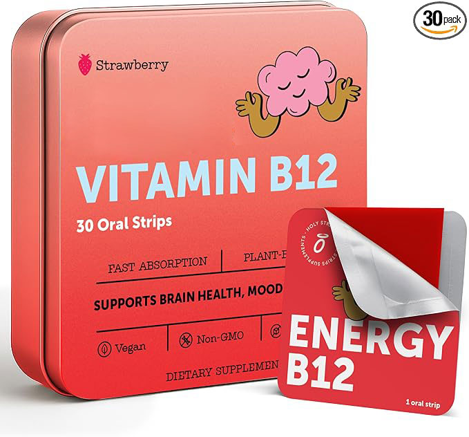 Oral Dissolving Strips – Fast-Absorbing, Vegan, Non-GMO & Sugar-Free | Energy and Fatigue Support, Delicious Strawberry Flavor, Vitamin-Enriched
