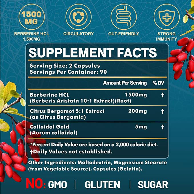 Berberine HCl Capsules | Digestive, Liver & Immune Support | Energy & Weight Management Support