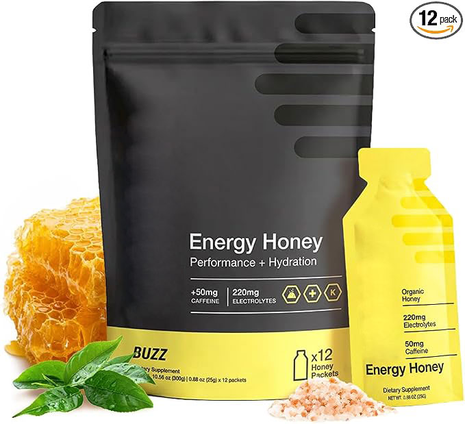 Organic Honey Energy Gel Packets with Electrolytes | Magnesium, Sea Salt & Potassium | Green Tea Caffeine | Gluten-Free
