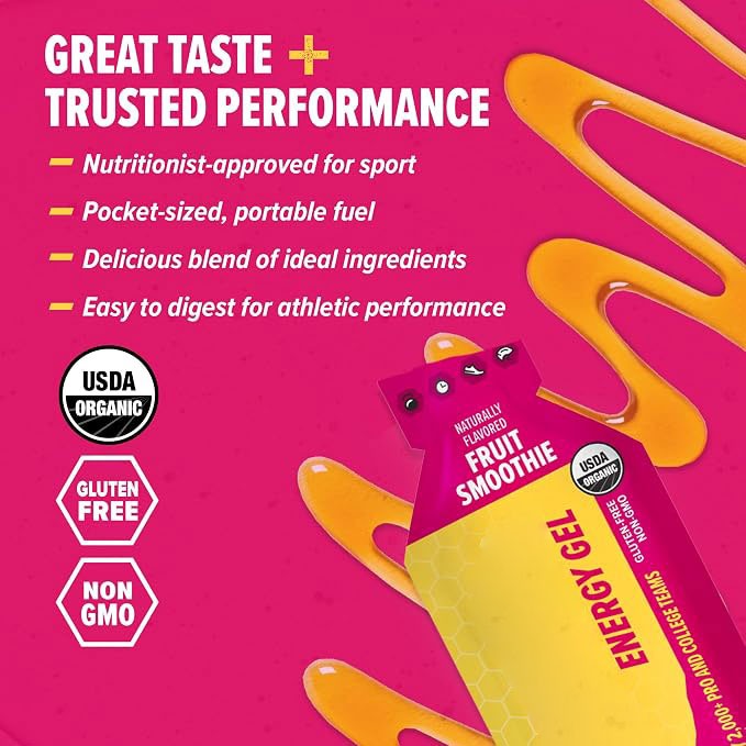 Organic Fruit Smoothie Energy Gel for Running, Exercise & Sports Performance | Gluten-Free, Caffeine-Free | Pre-Workout and Intra-Workout Nutrition