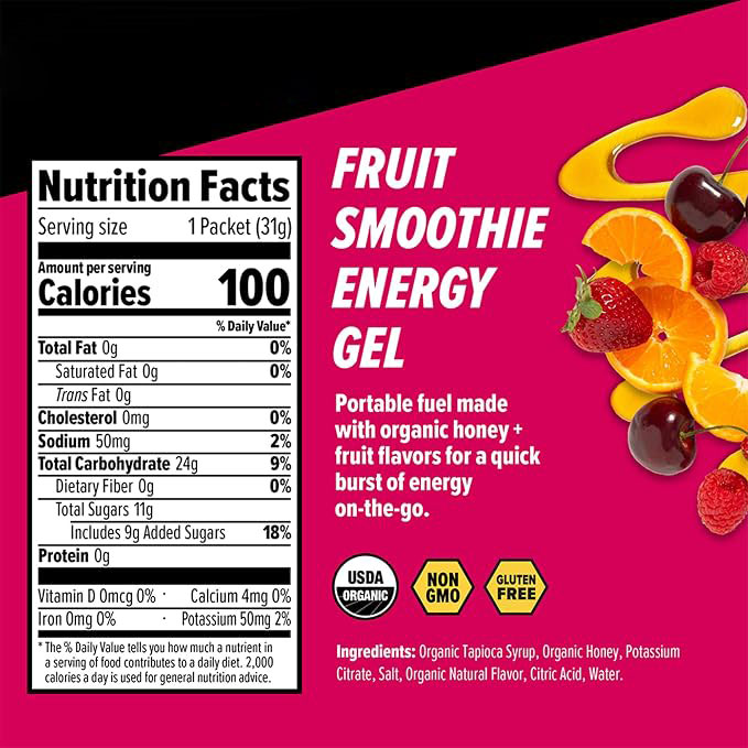 Organic Fruit Smoothie Energy Gel for Running, Exercise & Sports Performance | Gluten-Free, Caffeine-Free | Pre-Workout and Intra-Workout Nutrition