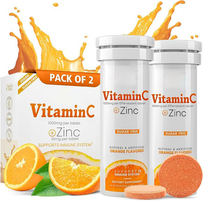 Vitamin C 1000 mg Effervescent Tablets with Zinc | High-Potency Immune Support | Sugar-Free & Vegan | Easy Daily Vitamin C Supplement