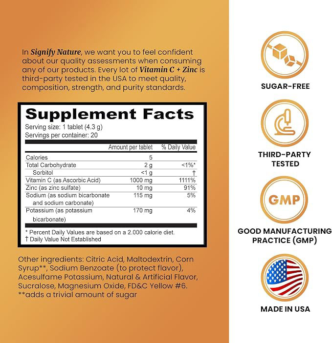 Vitamin C 1000 mg Effervescent Tablets with Zinc | High-Potency Immune Support | Sugar-Free & Vegan | Easy Daily Vitamin C Supplement