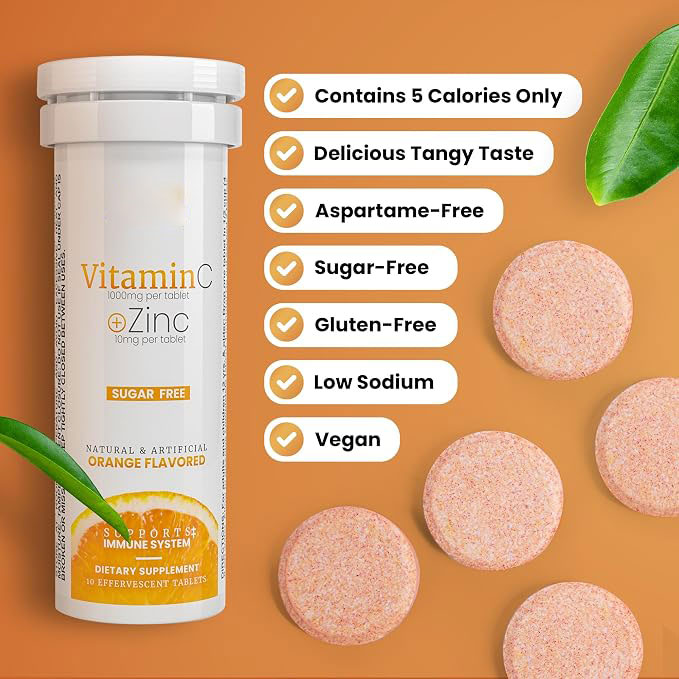 Vitamin C 1000 mg Effervescent Tablets with Zinc | High-Potency Immune Support | Sugar-Free & Vegan | Easy Daily Vitamin C Supplement
