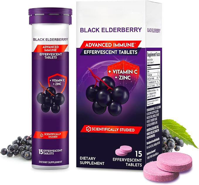 Black Elderberry Effervescent Tablets with Vitamin C & Zinc | Immune & Antioxidant Support | Easy-to-Mix Drink