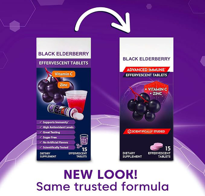 Black Elderberry Effervescent Tablets with Vitamin C & Zinc | Immune & Antioxidant Support | Easy-to-Mix Drink