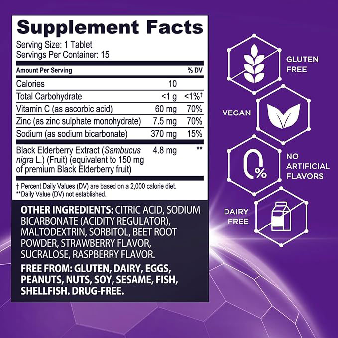 Black Elderberry Effervescent Tablets with Vitamin C & Zinc | Immune & Antioxidant Support | Easy-to-Mix Drink