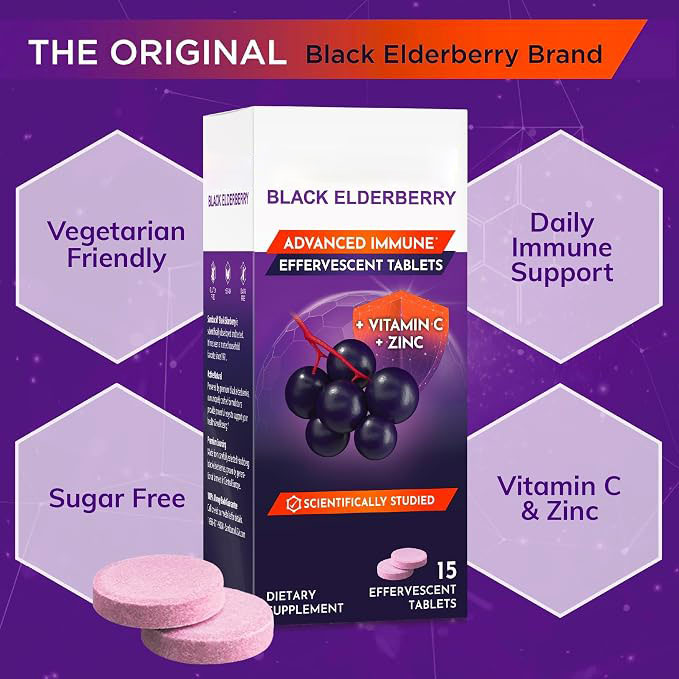 Black Elderberry Effervescent Tablets with Vitamin C & Zinc | Immune & Antioxidant Support | Easy-to-Mix Drink