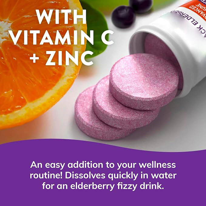 Black Elderberry Effervescent Tablets with Vitamin C & Zinc | Immune & Antioxidant Support | Easy-to-Mix Drink