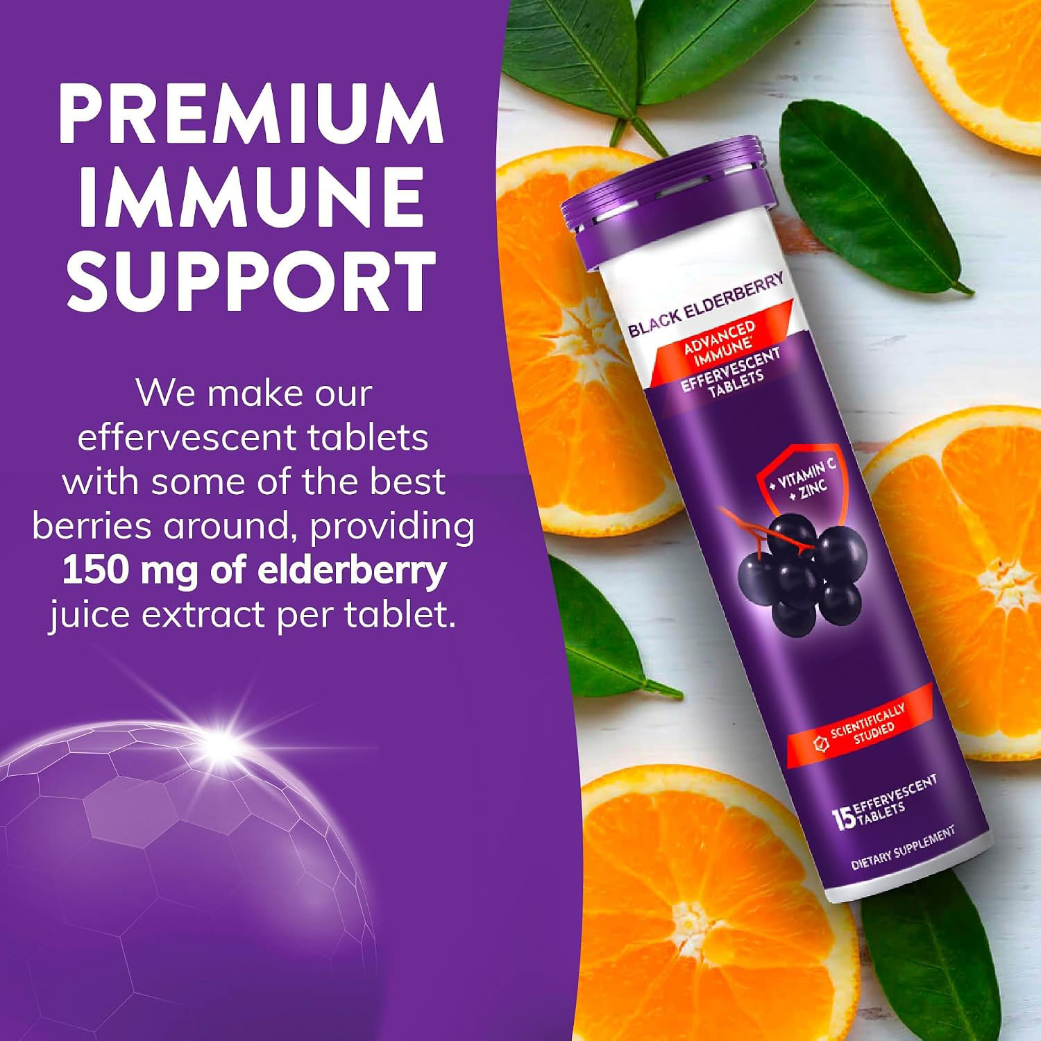 Black Elderberry Effervescent Tablets with Vitamin C & Zinc | Immune & Antioxidant Support | Easy-to-Mix Drink